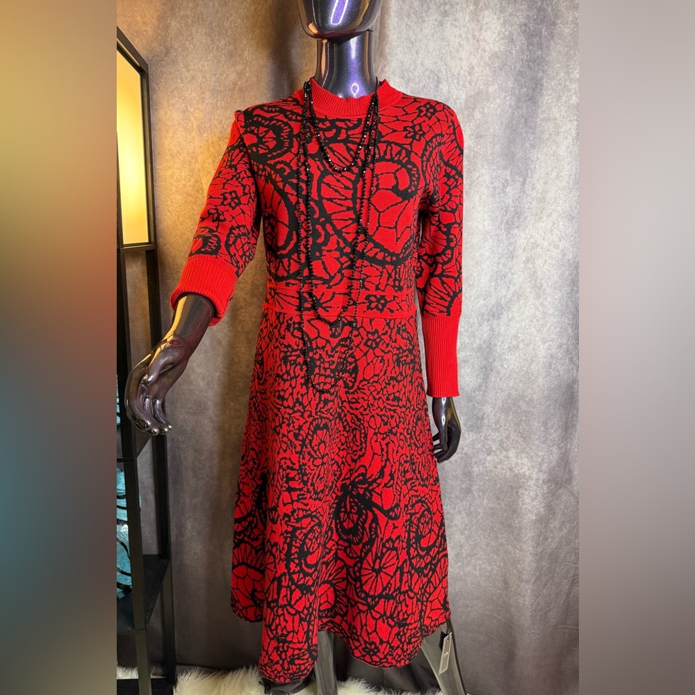 Chic Red and Black Patterned Long Sleeve Sweater Dress